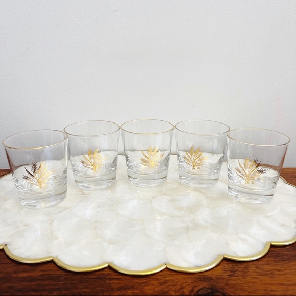 MCM Gilt Gold Trim Wheat Glass Tumblers Bar Cart Bar Drinking Glasses 3 1/4” - Picture 11 of 16